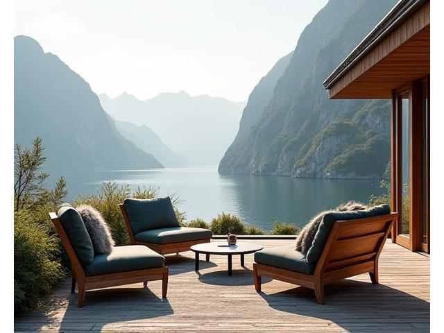 Elegant utendørs sittegruppe på en terrasse med fjordutsikt
